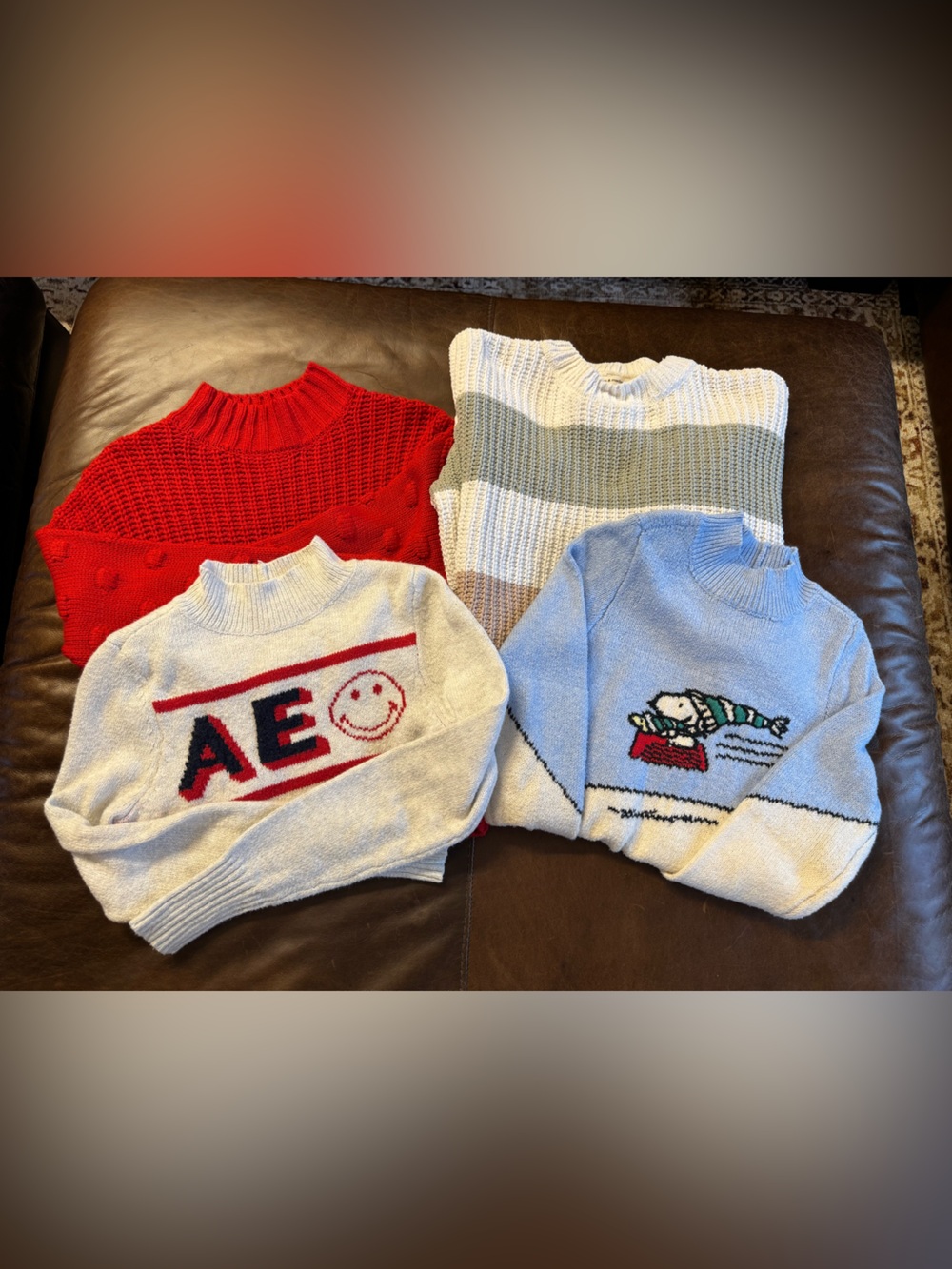 Bundle of 4 Women’s XS Sweaters – American Eagle, Smiley & Red Knit